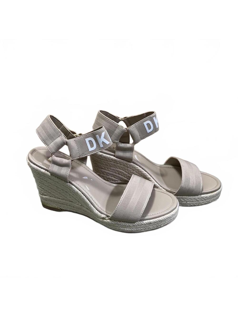 DKNY Womens Cream Tan Espadrille Logo Wedge Sandals Size 7.5 M EU 38 B